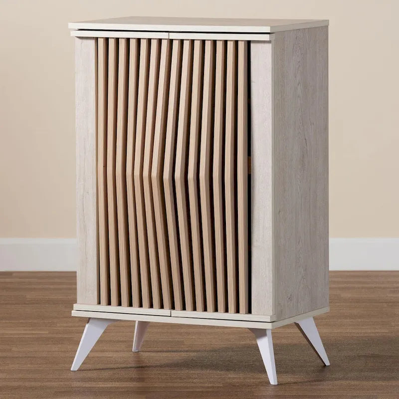 Armoire de rangement à 2 portes gris clair et bois marron de style transitionnel Mid-Century Modern