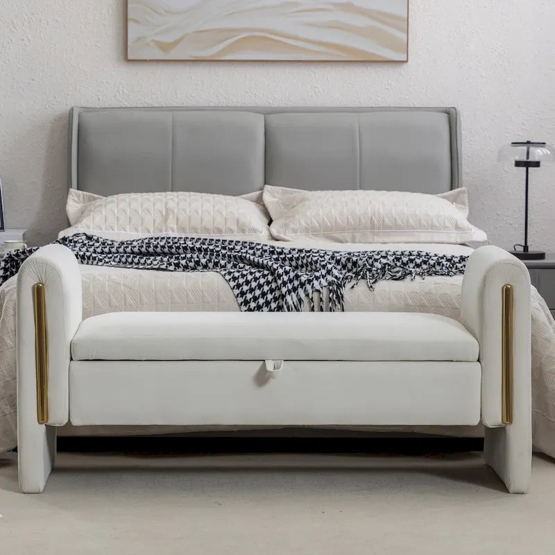 Banc de rangement en velours pour chambre à coucher avec garniture en métal doré pour salon, chambre à coucher, intérieur