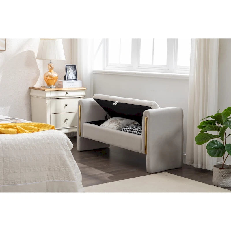 Banc de rangement en velours pour chambre à coucher avec garniture en métal doré pour salon, chambre à coucher, intérieur