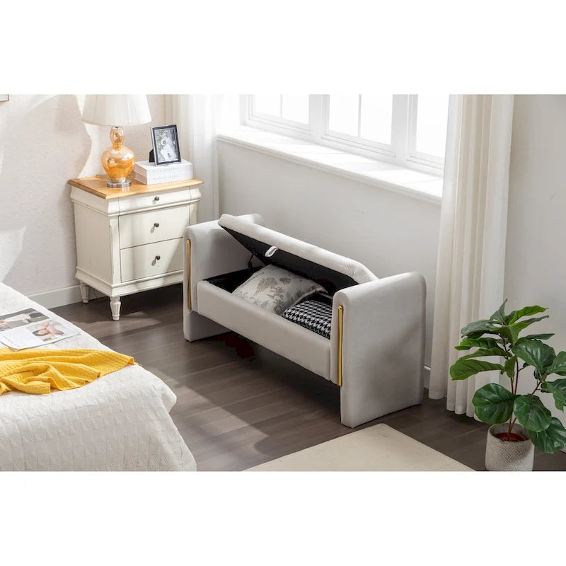 Banc de rangement en velours pour chambre à coucher avec garniture en métal doré pour salon, chambre à coucher, intérieur