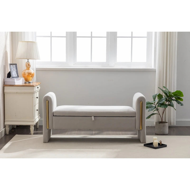 Banc de rangement en velours pour chambre à coucher avec garniture en métal doré pour salon, chambre à coucher, intérieur