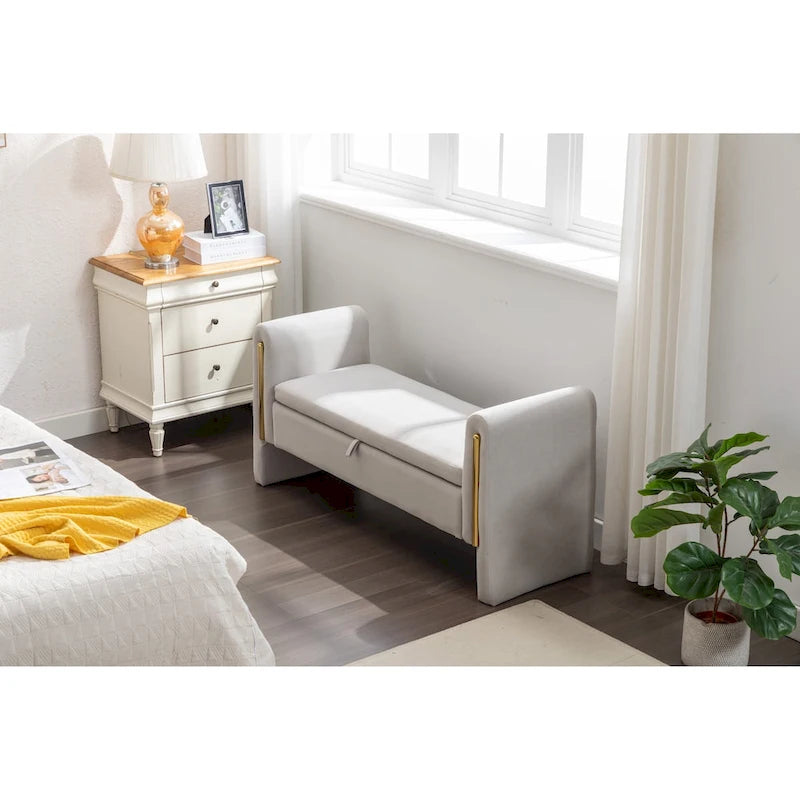 Banc de rangement en velours pour chambre à coucher avec garniture en métal doré pour salon, chambre à coucher, intérieur