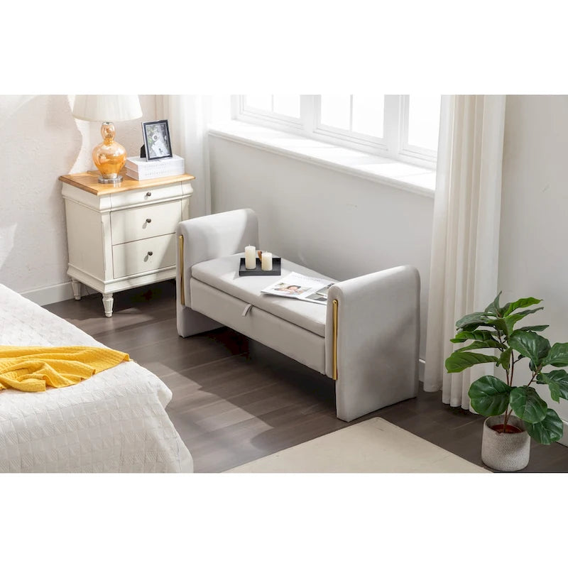 Banc de rangement en velours pour chambre à coucher avec garniture en métal doré pour salon, chambre à coucher, intérieur