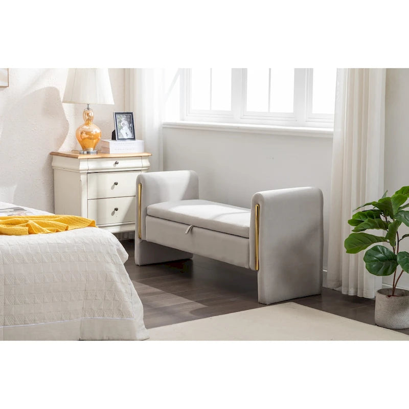 Banc de rangement en velours pour chambre à coucher avec garniture en métal doré pour salon, chambre à coucher, intérieur