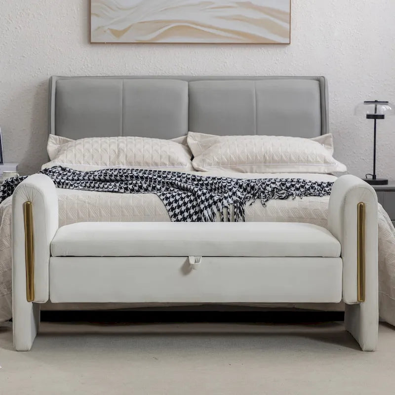 Banc de rangement en velours pour chambre à coucher avec garniture en métal doré pour salon, chambre à coucher, intérieur