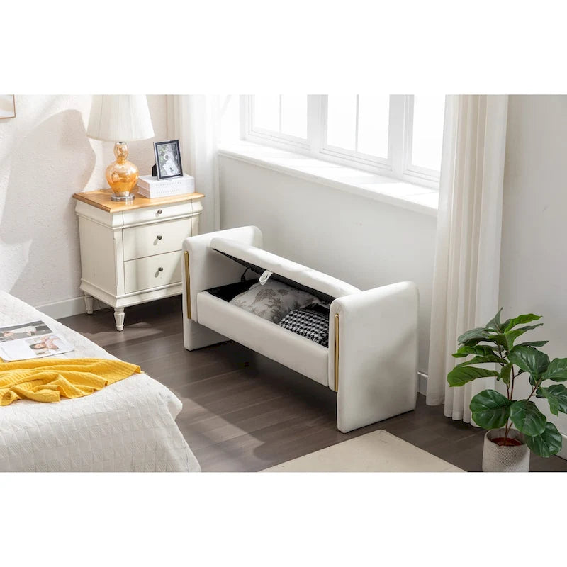 Banc de rangement en velours pour chambre à coucher avec garniture en métal doré pour salon, chambre à coucher, intérieur