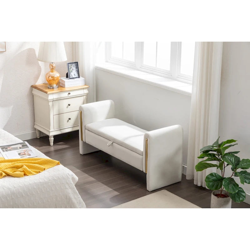 Banc de rangement en velours pour chambre à coucher avec garniture en métal doré pour salon, chambre à coucher, intérieur