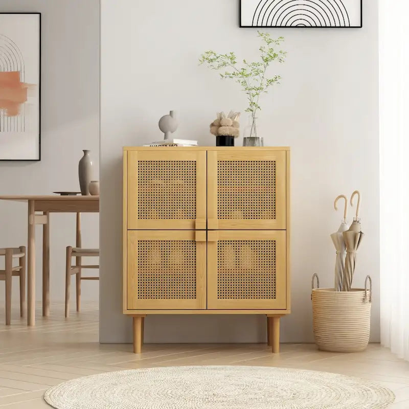 Meuble de rangement 4 portes en cannage de rotin