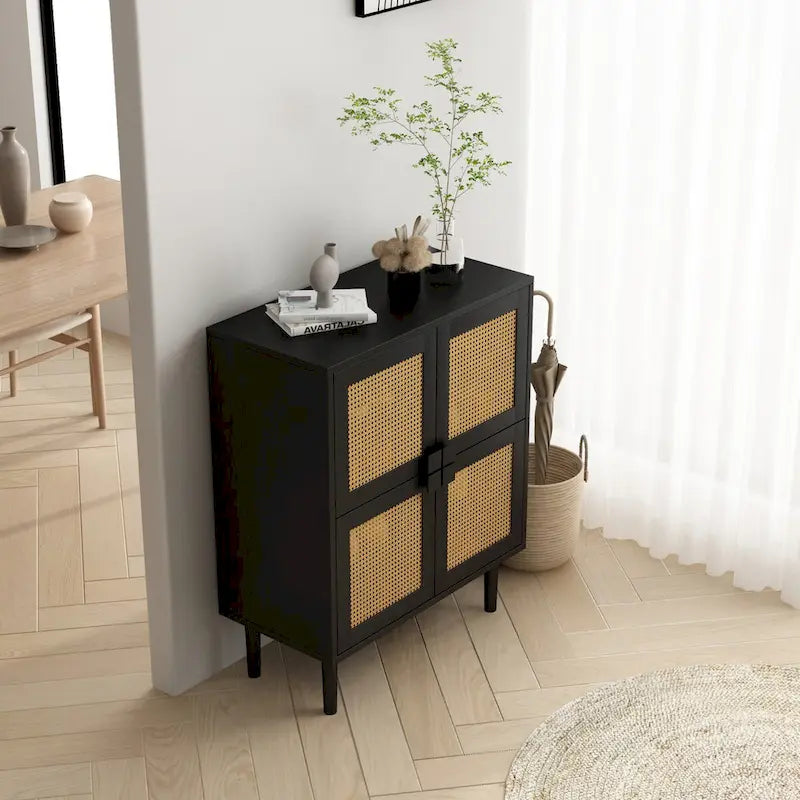 Meuble de rangement 4 portes en cannage de rotin