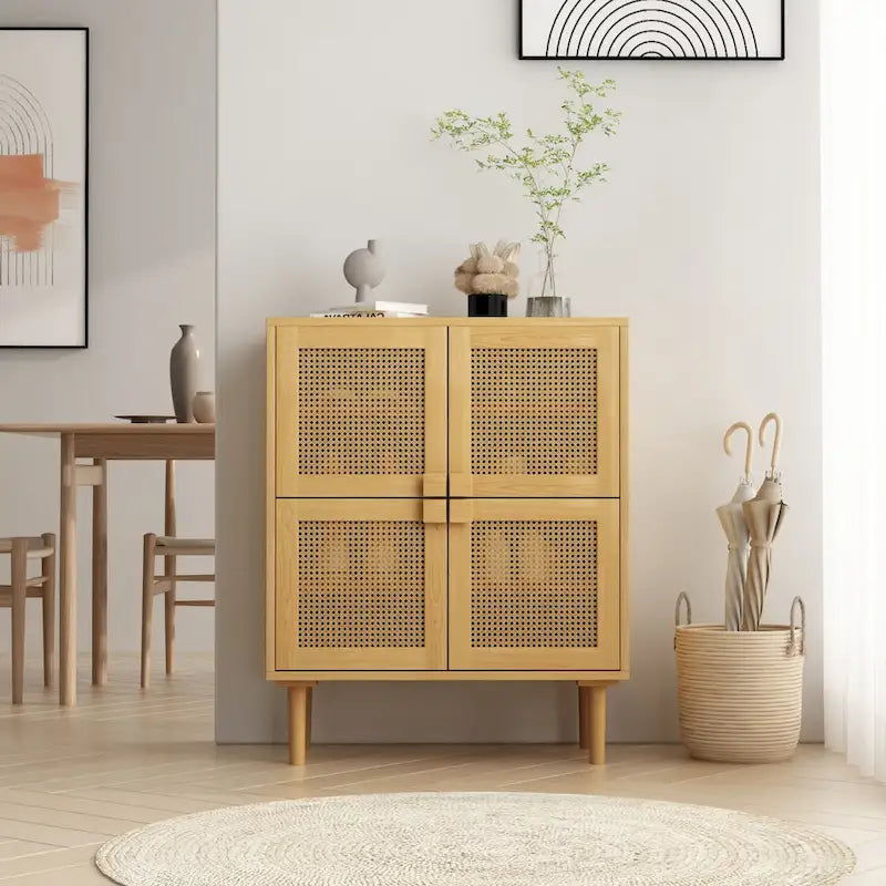 Meuble de rangement 4 portes en cannage de rotin