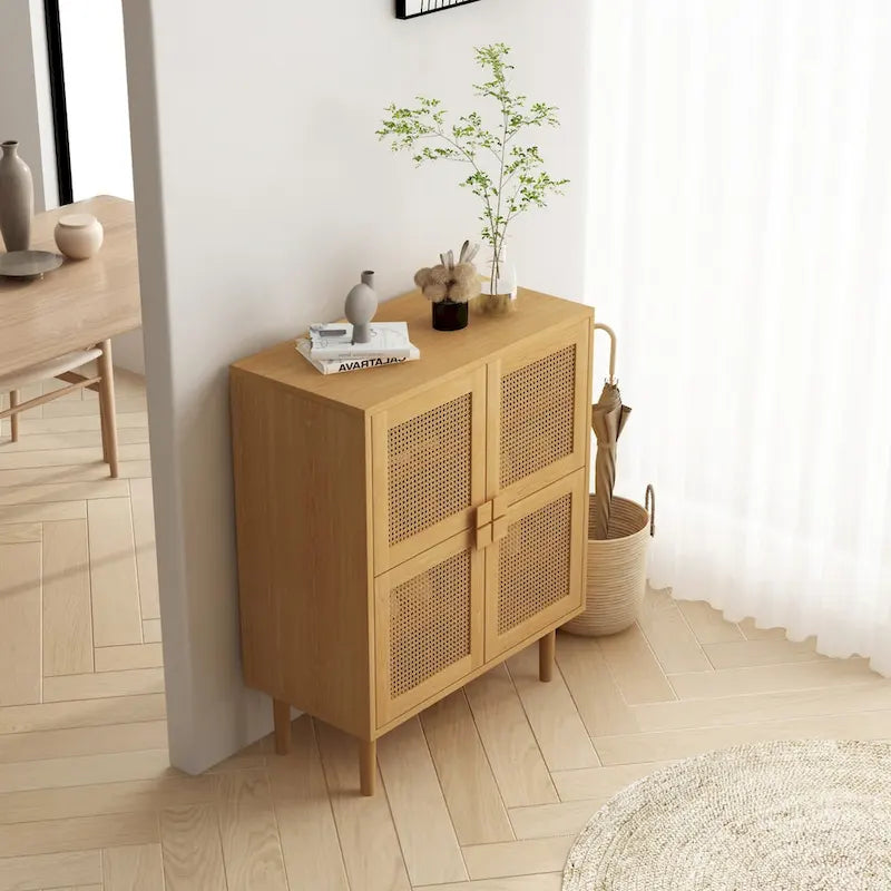 Meuble de rangement 4 portes en cannage de rotin