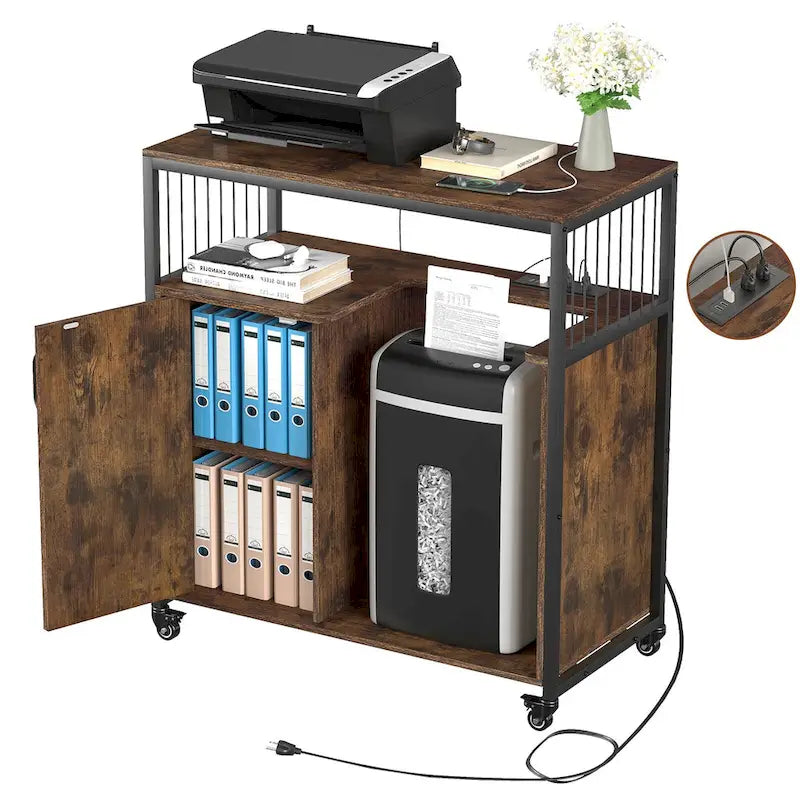 Support d'imprimante avec étagère de rangement, Classeurs de bureau latéraux avec prise et port de chargement USB