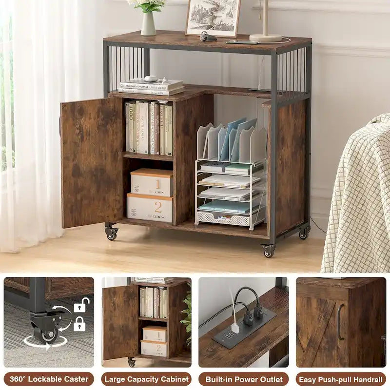 Support d'imprimante avec étagère de rangement, Classeurs de bureau latéraux avec prise et port de chargement USB