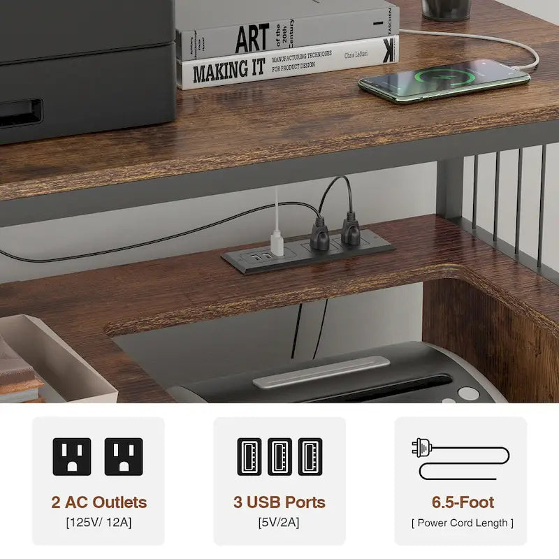 Support d'imprimante avec étagère de rangement, Classeurs de bureau latéraux avec prise et port de chargement USB