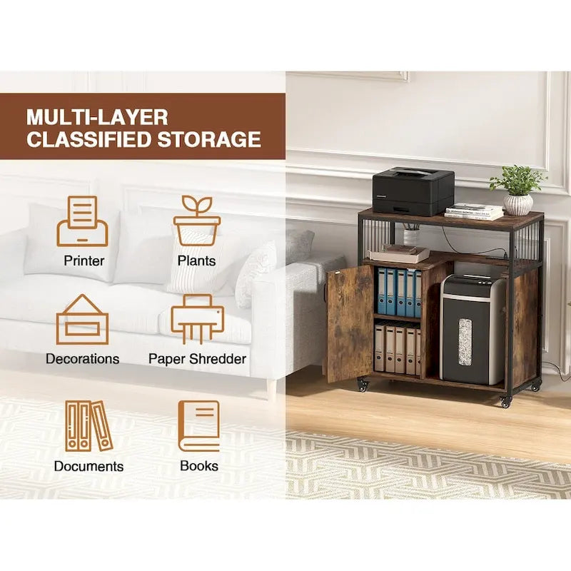 Support d'imprimante avec étagère de rangement, Classeurs de bureau latéraux avec prise et port de chargement USB