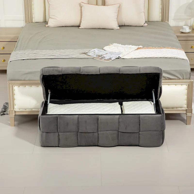 Banc de rangement ottoman, Banc de bout de lit de chambre à coucher, Banc de rangement ottoman en tissu rembourré avec charnière de sécurité, Repose-pieds rembourré d'entrée