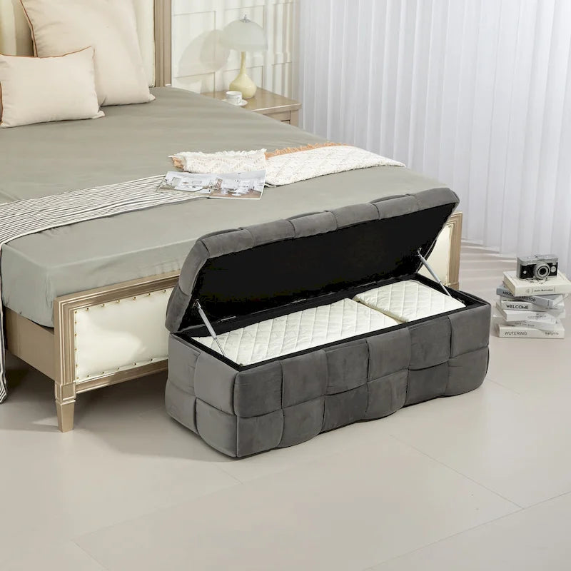 Banc de rangement ottoman, Banc de bout de lit de chambre à coucher, Banc de rangement ottoman en tissu rembourré avec charnière de sécurité, Repose-pieds rembourré d'entrée