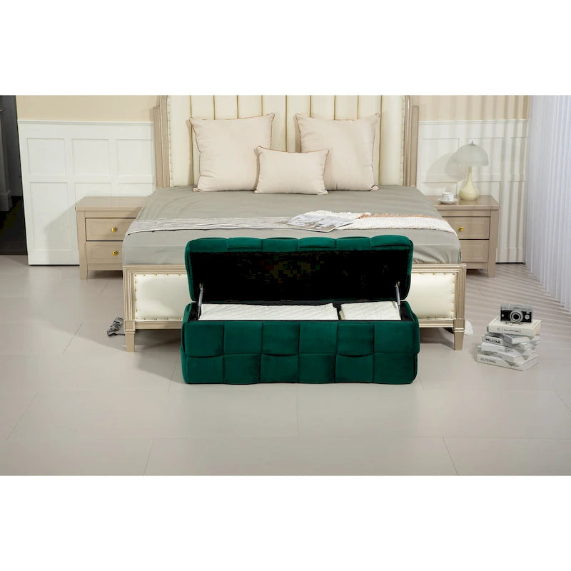 Banc de rangement ottoman, Banc de bout de lit de chambre à coucher, Banc de rangement ottoman en tissu rembourré avec charnière de sécurité, Repose-pieds rembourré d'entrée