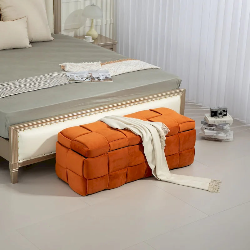 Banc de rangement ottoman, Banc de bout de lit de chambre à coucher, Banc de rangement ottoman en tissu rembourré avec charnière de sécurité, Repose-pieds rembourré d'entrée