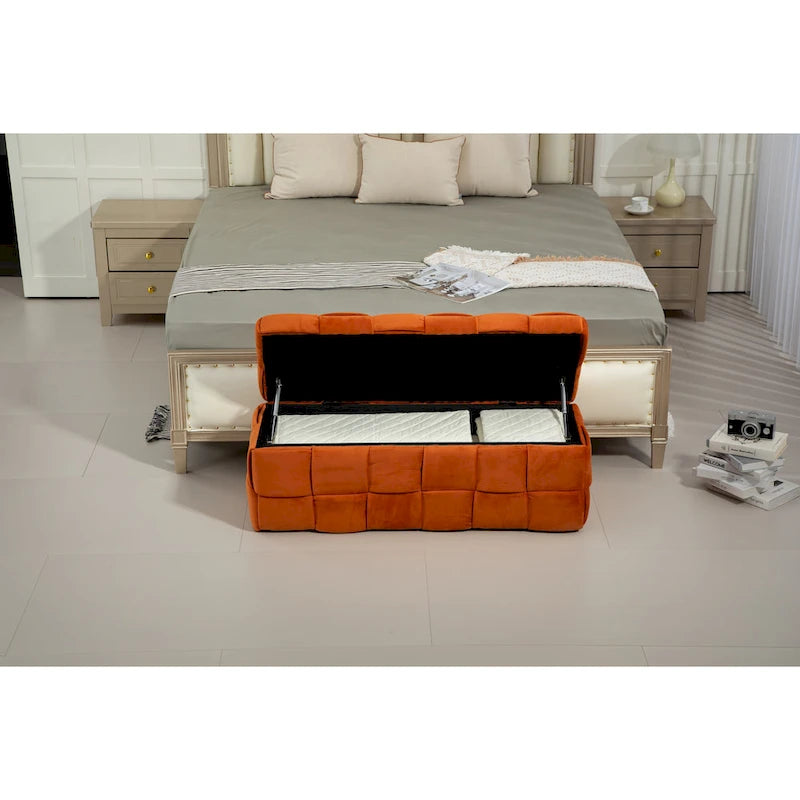 Banc de rangement ottoman, Banc de bout de lit de chambre à coucher, Banc de rangement ottoman en tissu rembourré avec charnière de sécurité, Repose-pieds rembourré d'entrée