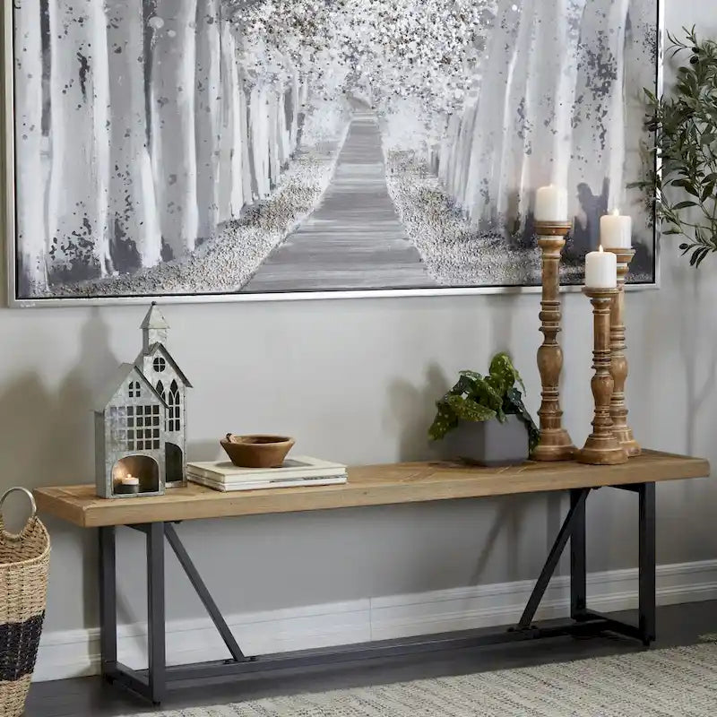 Banc en bois avec base en métal noir