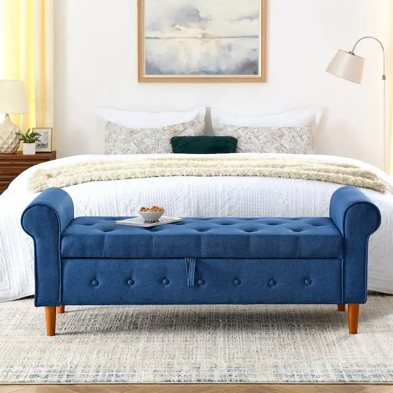 Banc de rangement capitonné à 62 boutons pour chambre à coucher, pouf moderne en tissu, banc de fenêtre, design à accoudoirs roulés pour chambre à coucher