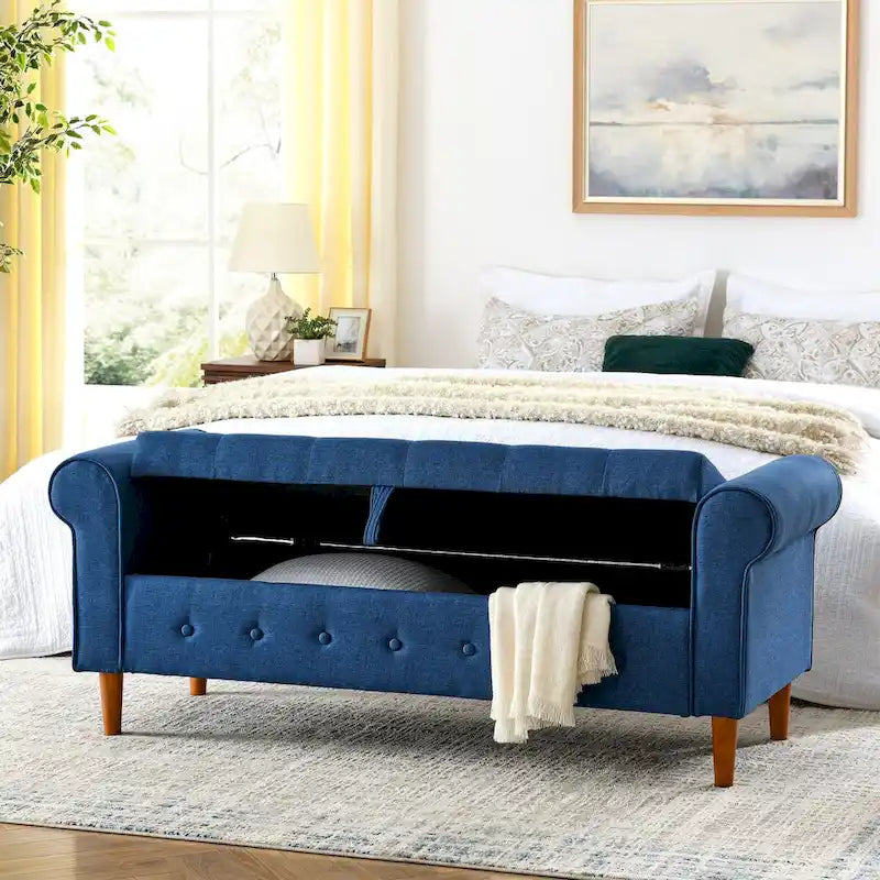 Banc de rangement capitonné à 62 boutons pour chambre à coucher, pouf moderne en tissu, banc de fenêtre, design à accoudoirs roulés pour chambre à coucher