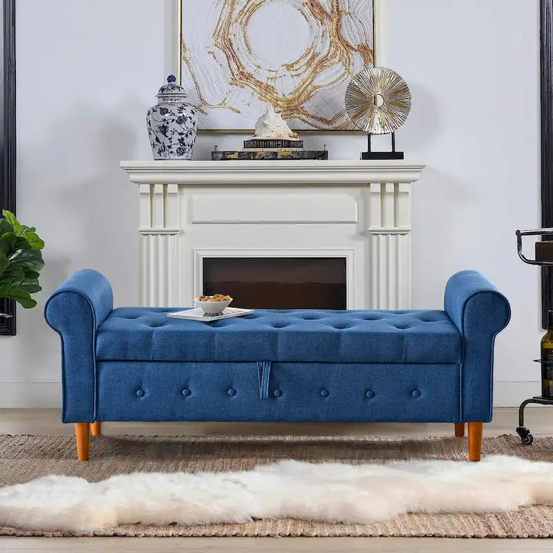 Banc de rangement capitonné à 62 boutons pour chambre à coucher, pouf moderne en tissu, banc de fenêtre, design à accoudoirs roulés pour chambre à coucher