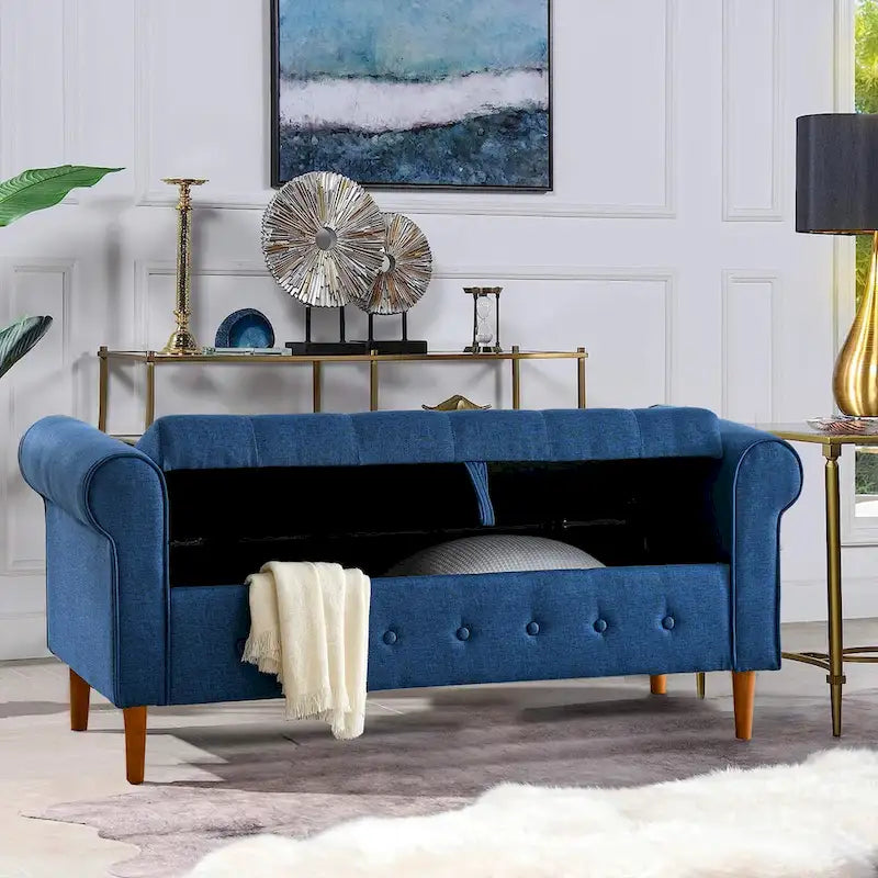 Banc de rangement capitonné à 62 boutons pour chambre à coucher, pouf moderne en tissu, banc de fenêtre, design à accoudoirs roulés pour chambre à coucher