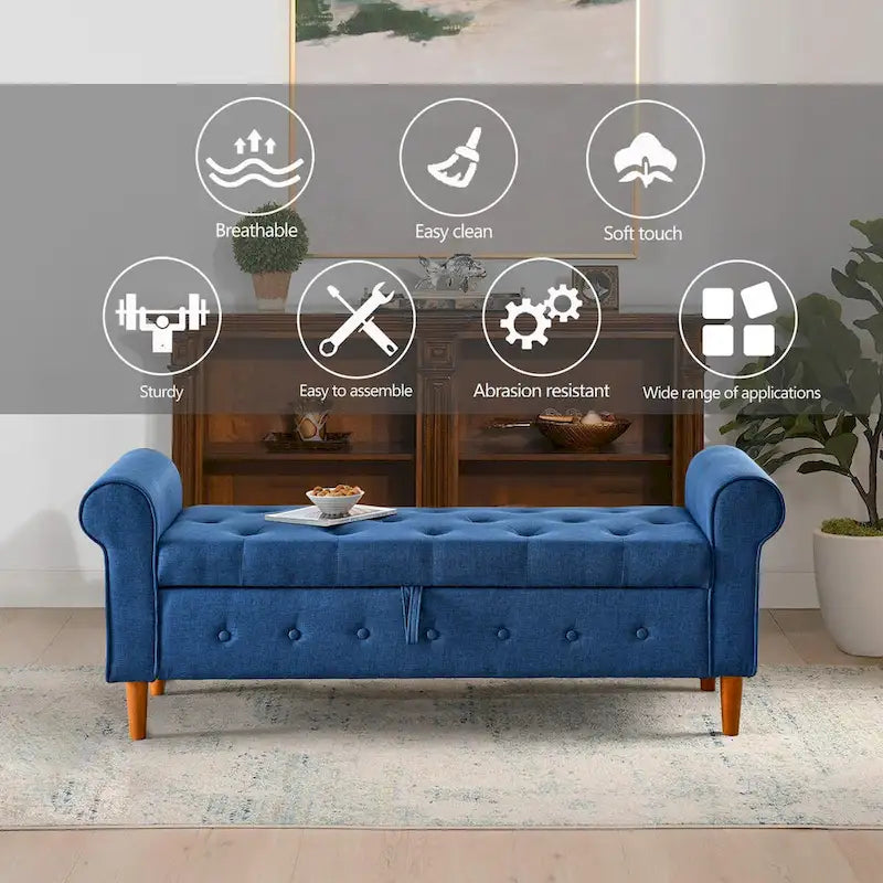 Banc de rangement capitonné à 62 boutons pour chambre à coucher, pouf moderne en tissu, banc de fenêtre, design à accoudoirs roulés pour chambre à coucher