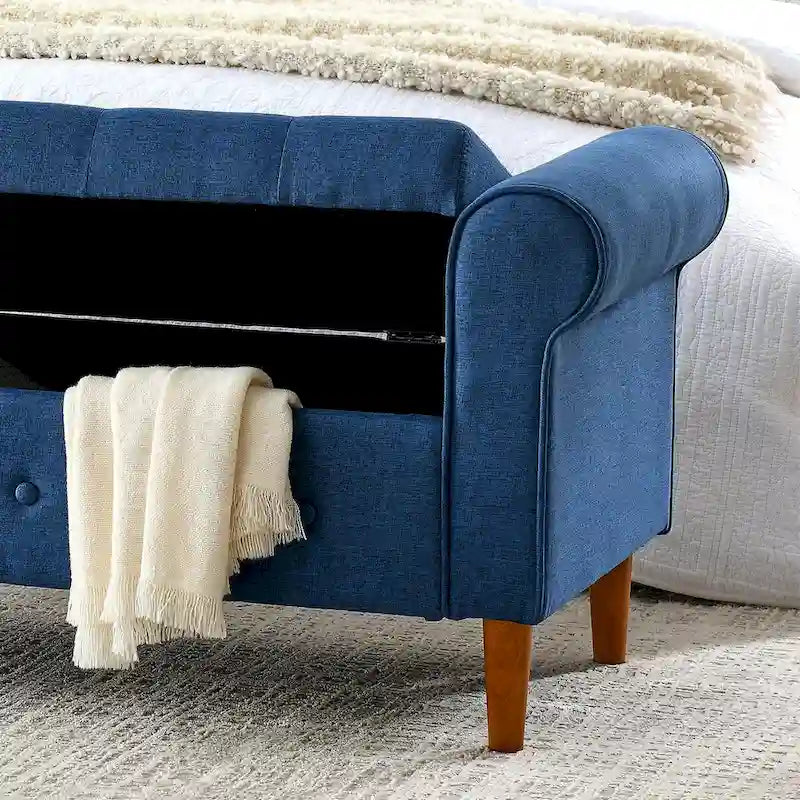 Banc de rangement capitonné à 62 boutons pour chambre à coucher, pouf moderne en tissu, banc de fenêtre, design à accoudoirs roulés pour chambre à coucher