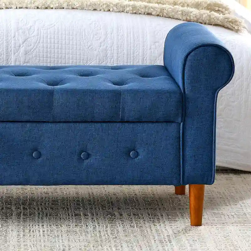 Banc de rangement capitonné à 62 boutons pour chambre à coucher, pouf moderne en tissu, banc de fenêtre, design à accoudoirs roulés pour chambre à coucher