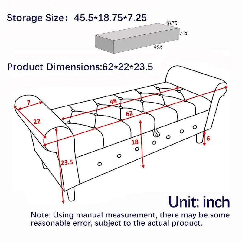 Banc de rangement capitonné à 62 boutons pour chambre à coucher, pouf moderne en tissu, banc de fenêtre, design à accoudoirs roulés pour chambre à coucher